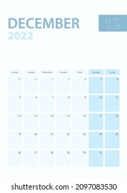 Vertical calendar page of December 2022, Week starts from Monday. Vector planner.
