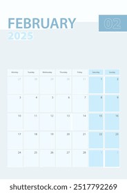 Vertical calendar page of February 2025, Week starts from Monday. Vector planner.