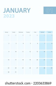 Vertical calendar page of January 2023, Week starts from Monday. Vector planner.