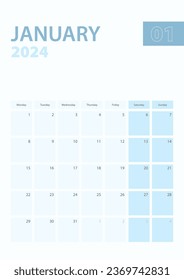 Vertical calendar page of January 2024, Week starts from Monday. Vector planner.