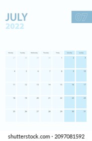 Vertical calendar page of July 2022, Week starts from Monday. Vector planner.