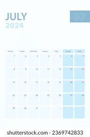 Vertical calendar page of July 2024, Week starts from Monday. Vector planner.