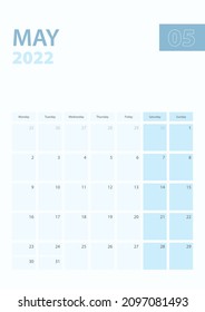 Vertical calendar page of May 2022, Week starts from Monday. Vector planner.