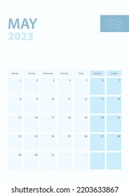 Vertical calendar page of May 2023, Week starts from Monday. Vector planner.