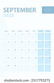 Vertical calendar page of September 2025, Week starts from Monday. Vector planner.
