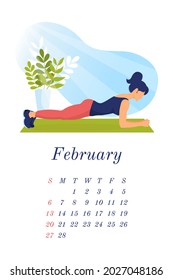 Vertical calendar, page of wall or desktop calendar. Yoga calendar for February 2022. Beautiful woman does yoga, sports at home or in gym. Picture for each month. Vector template, ready for printing