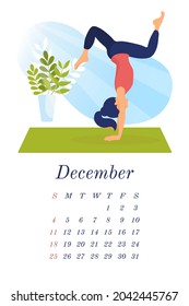 Vertical Calendar, Page Calendar For Winter. Yoga Calendar For December 2022. Beautiful Woman Does Yoga, Sports At Home, Gym. Picture For Each Month. Vector Template, Ready For Printing