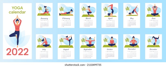 Vertical calendar, pages of wall or desktop calendar. Yoga calendar for 2022. Beautiful woman does yoga, sports at home or in gym. Picture for each month. Vector template, ready for printing