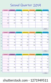 Vertical calendar for second quarter of 2019 year with weekly planner chart and blank label for notes. Week start Sunday.