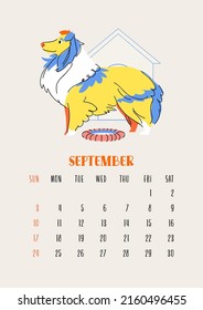 Vertical calendar for september 2023 with shetland sheepdog. Isolated on beige background. Vector flat style illustration. Week starts on Sunday