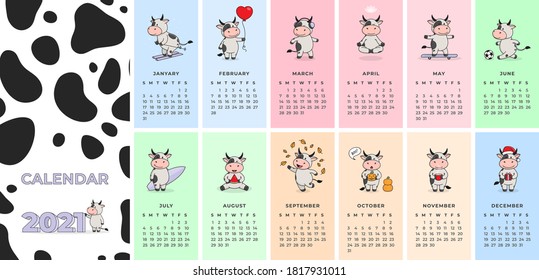 Vertical calendar template for 2021 with cute bulls and cows. The ox is a symbol of the year 2021 according to the Chinese or Eastern calendar.