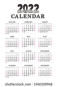 Vertical Calendar template for 2022 year. 12 months yearly calendar set in 2022. Week starts on Sunday. Vector illustration.