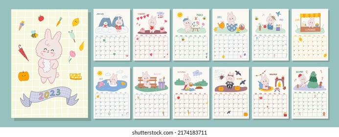 Vertical calendar template 2023 with cute kawaii rabbit symbol of the year.Cover and 12 pages format a3 a4 a5 a6 with seasonal illustrations.Week starts on sunday