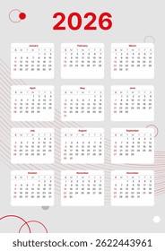 vertikale Kalendervorlage 2026 mit Wochenstart am Sonntag, europäischer druckfähiger grauroter Kalender
