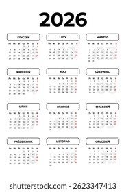 Vertical calendar template for 2026 year in Polish language with week start Monday. Corporate design layout for print, wall calendar, digital calendar. Suitable for A3 A4 A5 format.