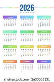 Vertical calendar template for 2026 year in Polish language with week start Monday. Corporate design layout for print, wall calendar, digital calendar. Suitable for A3 A4 A5 format.