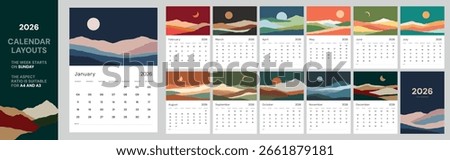 Vertical calendar template 2026 year. Suitable for A3 A4 A5 format. Wall calendar, travel adventure landscape, retro colors. Minimal calendar layout, week start Sunday. Trendy typography, 12 months