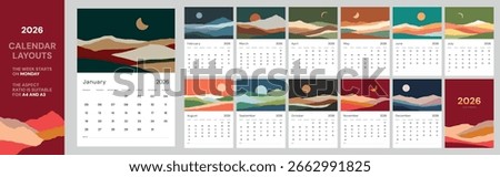 Vertical calendar template 2026 year. Suitable for A3 A4 A5 format. Wall calendar, travel adventure landscape, retro colors. Minimal calendar layout, week start Monday. Trendy typography, 12 months