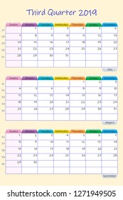 Vertical calendar for third quarter of 2019 year with weekly planner chart and blank label for notes and main tasks. Monthly tables are vertical. Week start Sunday.