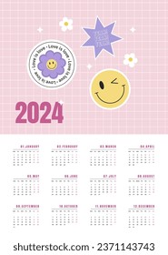 Vertical calendar in Y2k style for 2024 isolated on a white background. Monday to Sunday, business template. Vector illustration