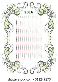 Vertical calendar for year 2016 with decorative floral frame