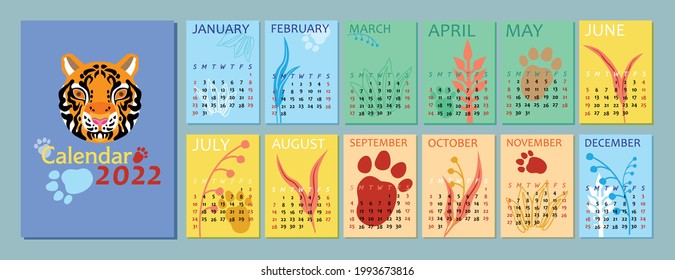 Vertical calendar for the year 2022 with the head of a tiger. Colored background, plants and tiger footprints in abstract style. Week starts in Sunday. Template in size A4