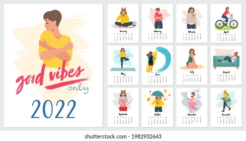 Calendario vertical para el año 2022, Planificador, Organizador. Calendario de pared con linda ilustración vectorial de mujer en estilo plano. Ama a ti mismo, concepto positivo para todo el año