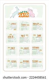 vertical calendar for the year 2023 with rabbits, colorful cartoon calendar for the 2023 year with hares, trendy stylish set of 12 months for the year 2023, carrot numbers