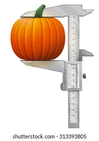 Vertical caliper measures pumpkin fruit. Concept of winter squash and measuring tool. Vector illustration