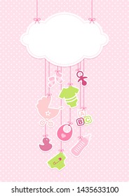 Vertical Card Baby Icons Girl And Cloud Background Dots Pink