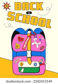 Vertical card with a back to school theme in retro style y2k. Vector illustration of a trendy teenage backpack with various stickers and toys.