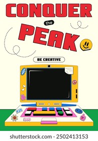 Vertical card with a back to school theme in retro style y2k. Vector illustration of a teenage laptop with 90s aesthetics, pasted over with various stickers.
