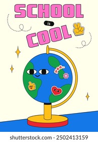 Vertical card with a back to school theme in retro style y2k. Vector illustration of a desktop globe with eyes and various children's stickers. School is cool.