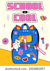 Vertical card with a back to school theme in retro style y2k. Vector illustration of a trendy teenage backpack with various stickers and toys.