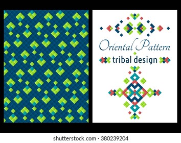 Vertical card with bright tribal geometric ornament. Vector background. Oriental motifs. Modern design elements with text template.