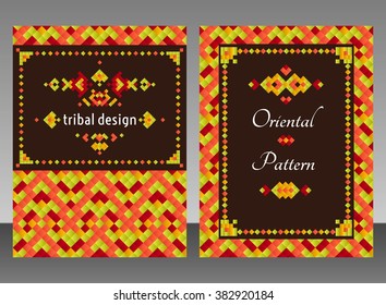 Vertical card with bright tribal geometric ornament. Vector background. Oriental motifs. Modern design elements with text template.