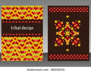 Vertical card with bright tribal geometric ornament. Vector background. Oriental motifs. Modern design elements with text template.