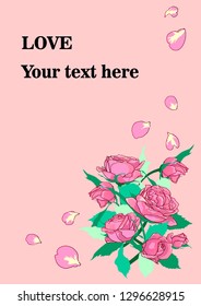 
Vertical card with a composition of roses and petals