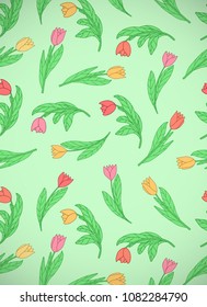 Vertical card with cute cartoon colored flowers, tulips on green background. Good for pattern fills, surface design, textile, fabric, manufacturing, wrapping paper, backdrops, wallpapers and covers. 