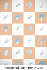 Vertical card with cute cartoon plants and flowers in pots and tulips. Checkered orange and white background. Vector illustration.