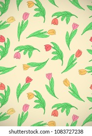 Vertical card with cute small cartoon colored flowers, tulips on yellow background. Good for pattern fills, surface design, textile, fabric, manufacturing, wrapping paper, backdrops, wallpapers