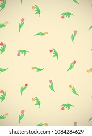 Vertical card with cute small cartoon colored flowers, tulips on yellow background.  Vector illustration.