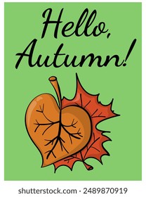 Vertical card design, simple poster with fallen leaves in doodle style vector illustration