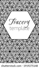 Vertical card with doodle floral pattern with decorations and place for text. Banner with black-white kaleidoscope. Vector natural blank. Template with boho petals. Invitation and thank you letter