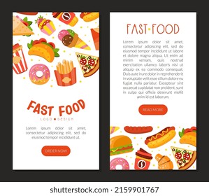 Vertical Card with Fast Food with Hot Dog and Pizza Vector Template