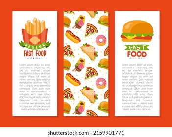 Vertical Card with Fast Food with Hot Dog and Pizza Vector Template