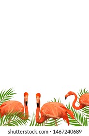 Vertical card with flamingo bird animal, great design for any purposes. Colorful vector illustration. Funny cartoon character. Flamingo with palm leaves. 