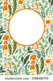 Vertical card with flat natural pattern with herbs and flowers of fields and copy space on white. Banner with dandelion, wormwood, fennel and buttercup. Invitation with plants. Vector template