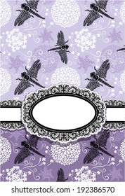 Vertical Card with flowers and dragonfly. Oval lace frame.