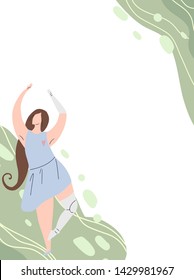 Vertical card with girl dancing with prosthetic arm and leg on abstract background. Flat banner with strong self sufficient woman for postcards, articles. Self love and body positive